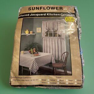 NEW NOS Kitchen Curtain Valance Set Green Farmhouse Jacquard Gingham Sunflower